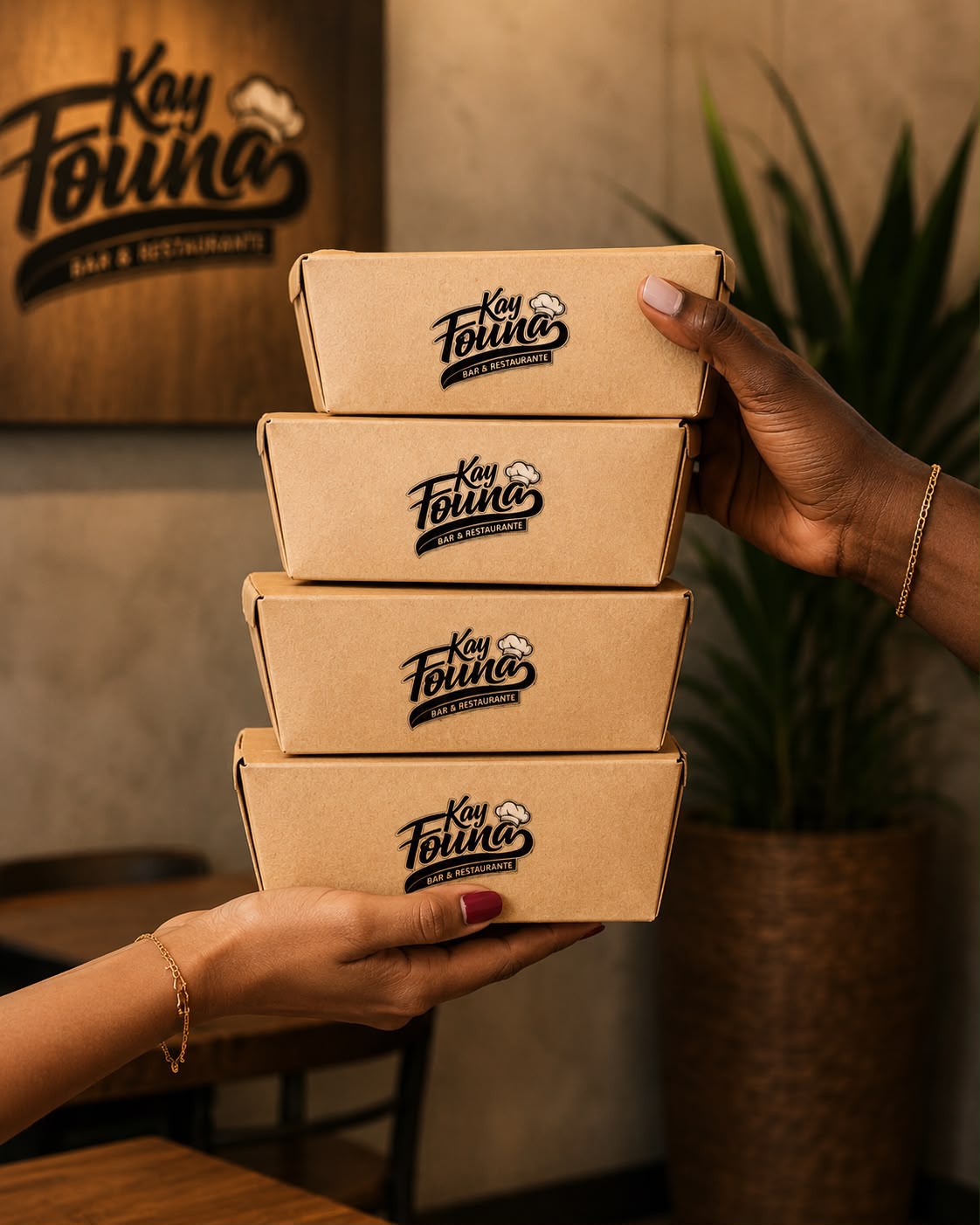 Stacked Kay Founa takeout boxes ready for delivery