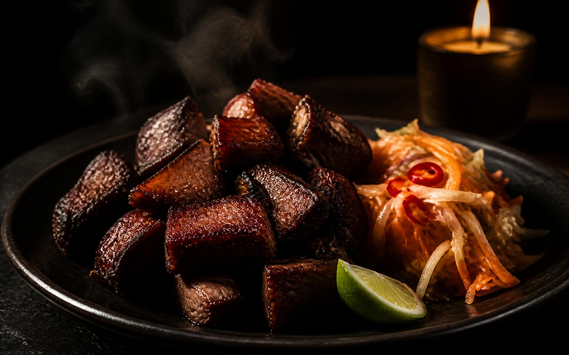 Plated Haitian griot under warm candlelight